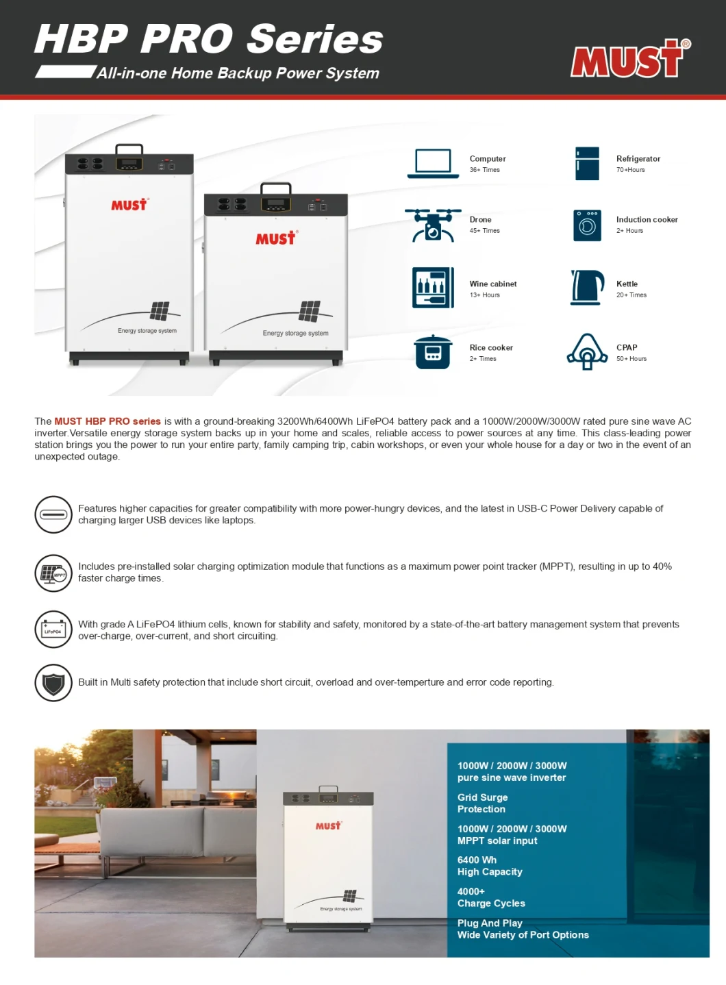 Must Solar Energy System Lithium Ion Battery for Home Projects 1kw 3kw off Grid Solar Panel Power 1000W 3000W with Storage Batteries